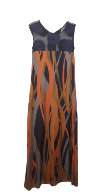 Uk Navyblue Net Multicolor Sleeveless Long Gown