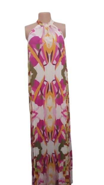 Perfect White Multicolor Long Plitted Sleeveless Gown