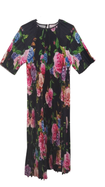 Uk Black And Green Multicolor Flowered Plitted Threequarter Gown