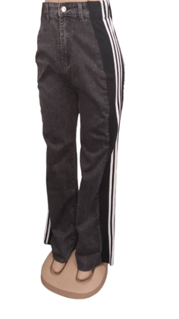 Fashionova Stone Black Jeans Trouser With Black And White Side Stripes Size 28